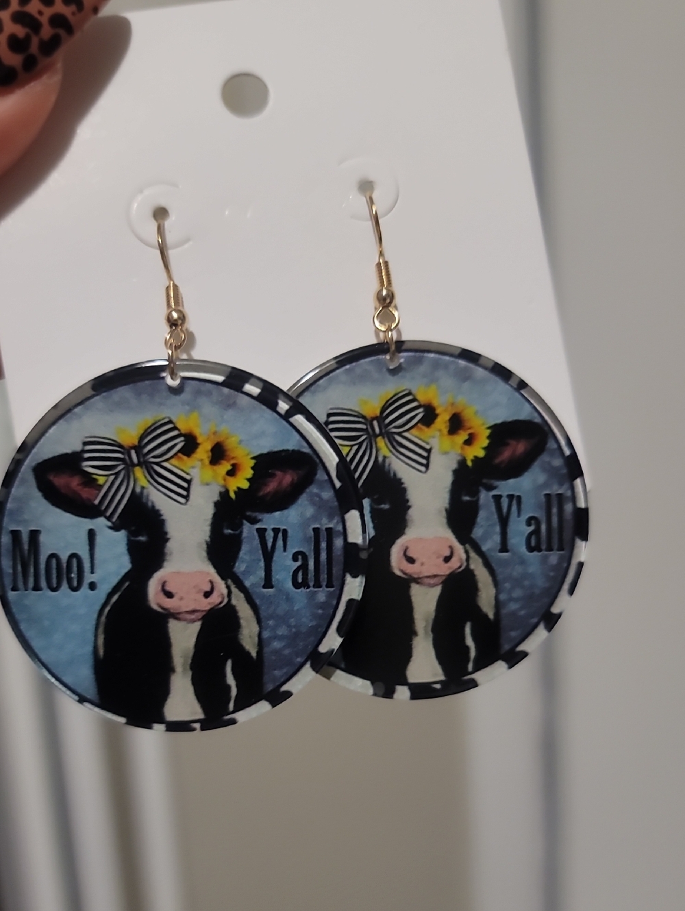 Cow Face 'Moo! Y'all' Round Dangle Earrings